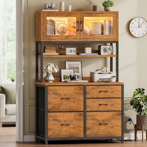 SEDETA 5 Drawer File Cabinet with Power Strip, 31.5" Filing Cabinet fits Legal, Letter, A4 Size File for Home Office with Printer Stand, LED Lights
