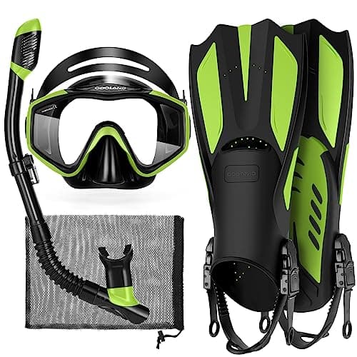 Odoland Kids Snorkeling Packages Snorkel Set, Anti-Fog Dry Top Snorkel Mask with Adjustable Swim Fins for Boys and Girls Age 7-14, Green