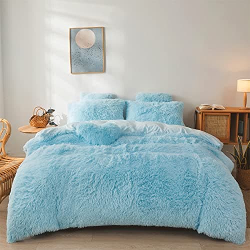 Fluffy Blue comforters Cover Twin Size - Ultra Soft Plush Blue Bedding Sets 2 Pieces (1 Faux Fur Comforter Cover + 1 Fuzzy Pillow case) Girls Shaggy