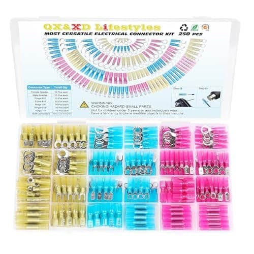 QX&XD 250PCS Heat Shrink Wire Connectors Kit, Wire connectors kit | Tinned Copper Electrical Terminals, Butt Ring Fork Spade Hook, 22-10 AWG, 3 Colors