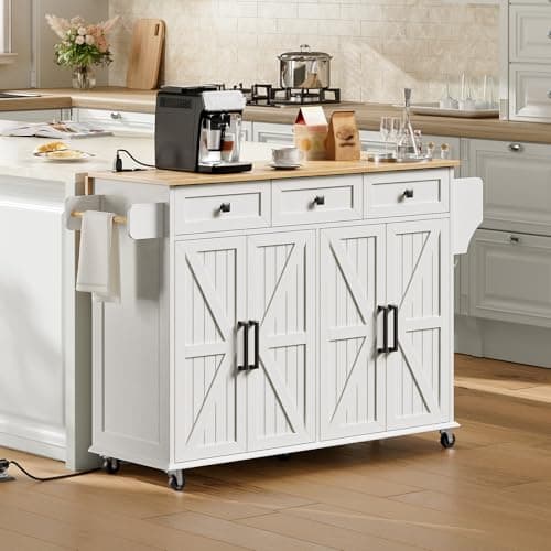 Kitchen Island with Drop Leaf & Power Outlet, Rolling Kitchen Island Cart On Wheels, Barn Door Kitchen Island Table with Storage and Tower Rack,