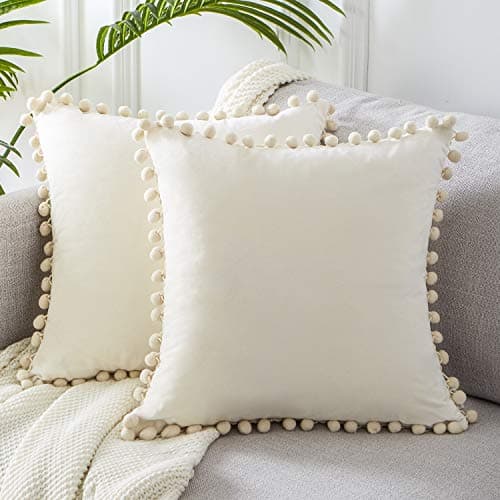 Topfinel Cream White Throw Pillow Covers 20x20 inches Set of 2, Soft Velvet Couch Pillow Covers with Pom Poms Sofa Pillow Decorative Cushion Cases for