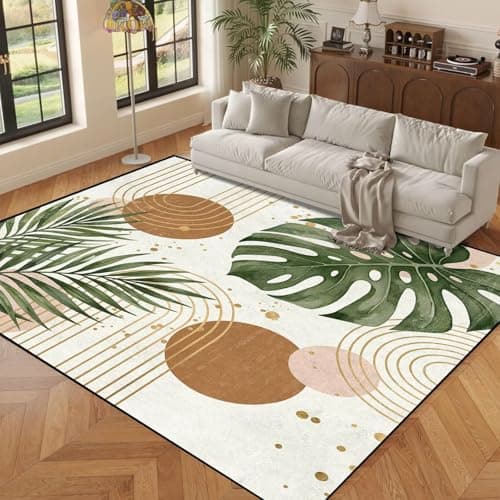 5' x 7' Beige ‌Botanical Area Rug Throw Rugs for Classroom Bedroom Living Room Home Boho Abstract Carpet Home Decor Washable, 63" x 83"