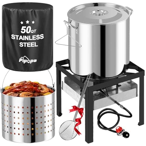 50QT Crawfish Boiler | Stainless Steel Seafood Boil Pot with Basket | Cover & 12" Skimmer Included | 110,000 BTU Propane Jet Burner | 20 PSI CSA