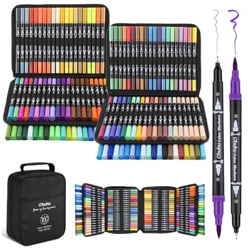 Ohuhu Adult Coloring Book Markers 160 Color Dual Tip Water-Based-Maui-Black | No Bleed Coloring Markers Fineliner & Brush Drawing Pens Art Pens for