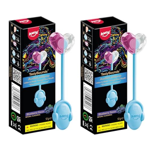 Amos Tasty Sounds Audio Lollipop Candy, Singing Music Lollipop Suckers Sugar-Free, Blueberry Natural Flavor, Individually Wrapped 2-Pack Bundle