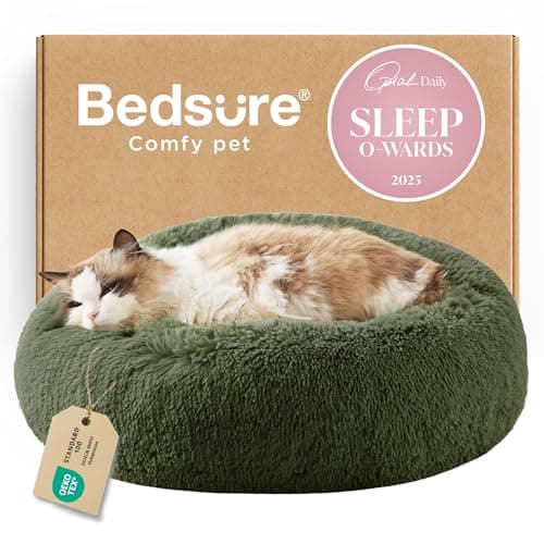 Bedsure Calming Cat Beds Donut Round Washable Kitten Bed,20 inches Green | Fluffy Faux Fur Cuddler,Machine Washable,Anti-Slip Bottom,Anti-Anxiety,Deep