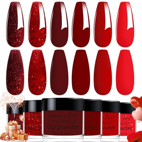 Dip Powder Set, Honey Joy 6 Colors Classic Red Collection Glitter Dipping Powder Set Nail Art Manicure DIY Salon Home Gifts for Women, No Need Nail