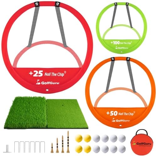 Golfguru Golf Chipping Net, Golf Practice Chipping Net and Foldable Mat with 12 Balls, 4 Tees & Carry Bag, Chipping Game for Adults Indoor Outdoor,