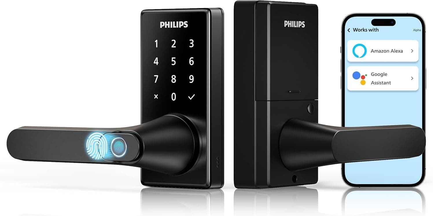Philips Wi-Fi Smart Door Lock with Handle, Keyless Entry Door Lock, Fingerprint Door Knob, App Remote Control, Auto-Lock, Keypad Deadbolt with Lever