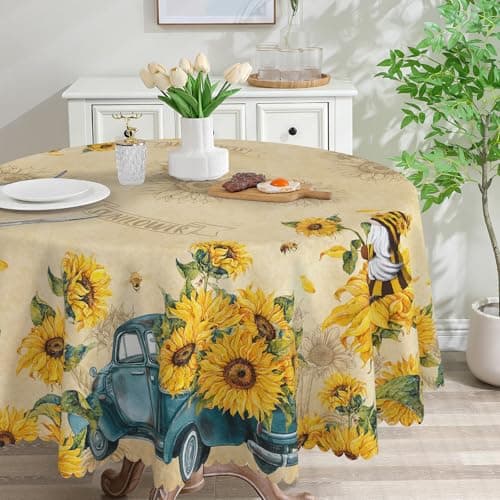 Sunflower Round Tablecloth 70 inch, Gnomes Summer Decorations | Spring Waterproof Stain Resistant Yellow Table Cloth Rectangle for Party, Table,