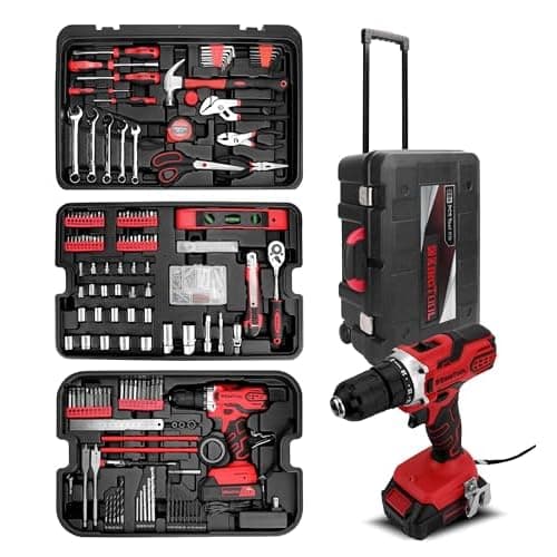KINGTOOL Home Tool Set Kit - 286 PCS Home Auto Repair Tool Kit with Rolling Tool Box, Mechanic Tool Sets with 21V Max Cordless Power drill, Perfect