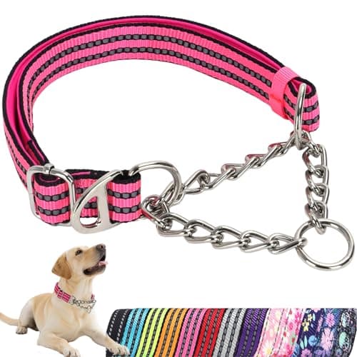 Reflective Martingale Dog Collar with Chain,Comfort Padded Strap No-Pull Dog Collar,Choke Dog Collar for Medium to Extra Large Dogs for Training,