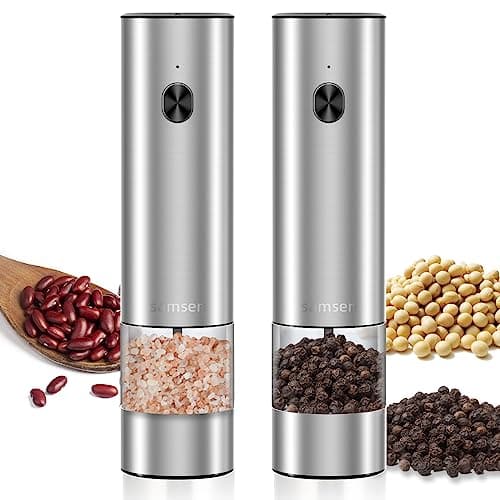 Electric Stainless Steel Pepper & Salt Grinder, Battery Operated, Pack of 2 | One-hand button switch, adjustable coarseness, LED light, transparent