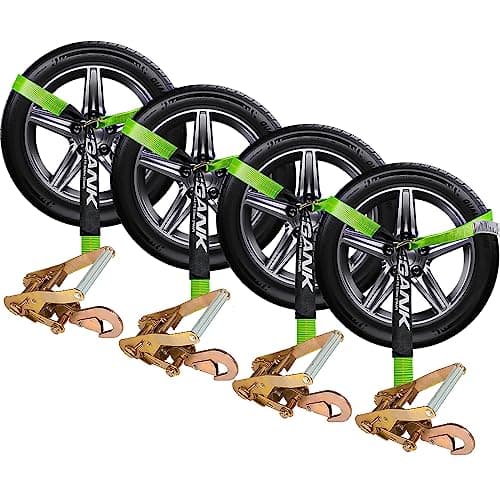 Car Tie Down Straps for Trailers- 4 Pack 2"x96" with Tire Strap 3,300lb Safe Working Load - Adjustable Straps with Snap Hooks (Green)