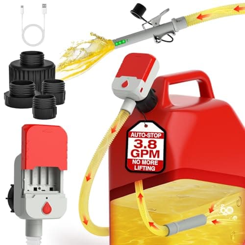 Keimi Portable Fuel Transfer Pump with Auto-Stop, 3.8 Gallon per Min, 51" Extra Long Hose, Battery & USB Powered, 4 Can Adapters, Leak-proof Gas Pump
