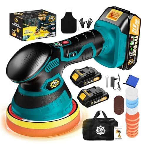 Cordless Car Buffer Polisher kit, DA Polisher with 2*21V Batteries | 2x 21V 2000mAh Batteries, 6-speed, LED Display, Random Orbital, 18 pcs Assorted
