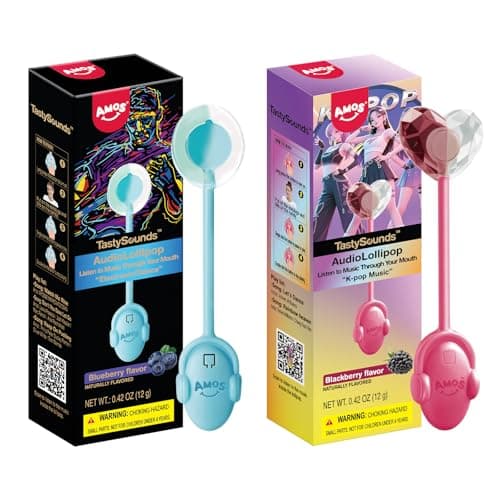 AMOS TastySounds Audio Lollipop 2-Pack Combo - Blackberry & Blueberry Flavors, Bone Conduction Music Candy with Earbud Design