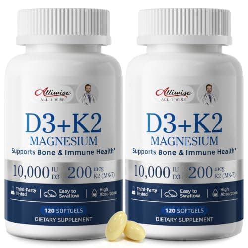 Alliwise D3 K2 Vitamin 10000 IU with Magnesium Complex Softgels, 240 Count | D3 K2 Magnesium Complex + 200mcg K2 MK-7 - High Potency Supports Calcium,