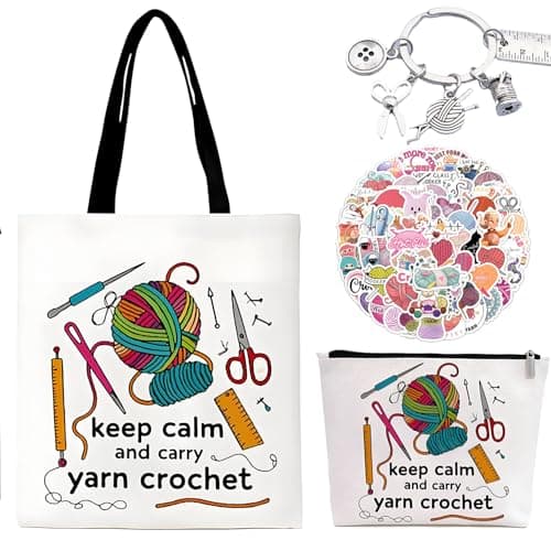 VINTAGE EMBROIDERY V.E. Crochet Gifts for Women - Knitting Lover Gifts Includes Canvas Tote Bag, Make up Pouch, 50pcs Stickers - Perfect