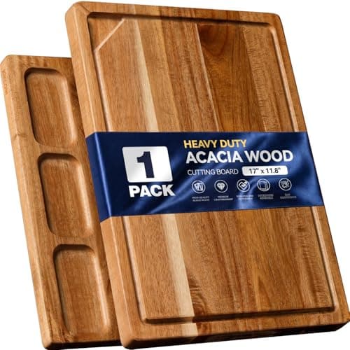 17" x 11.8" Acacia Wood Cutting Boards for Kitchen, Kikcoin Wooden Cutting Board, Chopping Board with Built-In Compartments and Juice Groove, Heavy
