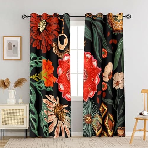Tyrot Black Red Boho Floral 100% Blackout Curtains for Living Room 84 inch Long 2 Panels Christmas Black Out Curtains for Bedroom Grommet Thermal