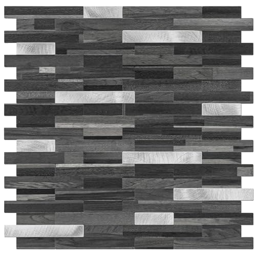 STICKGOO Peel and Stick Backsplash Tile, Stick on Backsplash for Kitchen and Bathroom, Black Grey Wood Look PVC Mixed Metal Silver Self Adhesive Wall