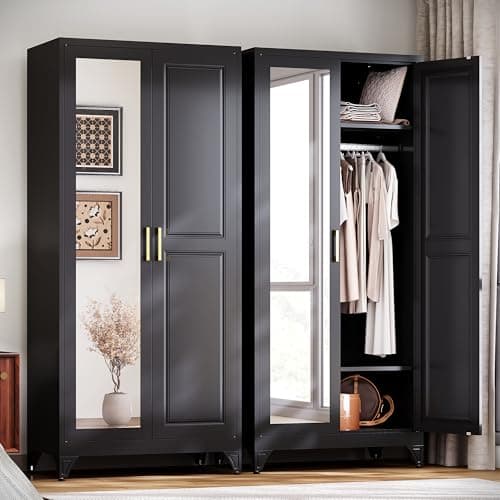 UNICOLY Armoire Wardrobe Closet，71" H Metal Wardrobe Cabinet with Mirror | Clothing Storage Cabinet with Hanging Rod and Adjustable Shelves ,