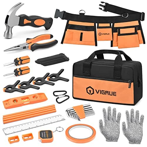 VIGRUE 𝐊𝐢𝐝𝐬 𝐓𝐨𝐨𝐥 𝐒𝐞𝐭, Children Gift Present Real Hand Tools Kit with Belt and Bag, Boy Builder Small Learning