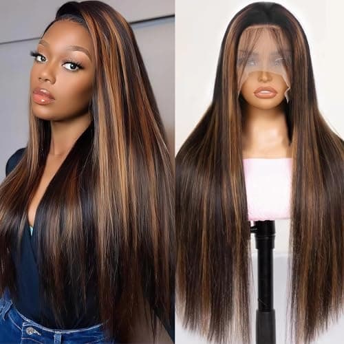 1B/30 Ombre Lace Front Wig Human Hair Straight 24 Inch 13x6 180% Density | Pre Plucked Natural Hairline,HD Transparent Frontal Lace,True to