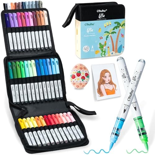 Ohuhu Acrylic Paint Markers Brush Tip 48 Colors Direct-Ink Paint Pens - Ulu | Acrylic Markers Balanced Coverage Acrylic Paint Pens for Beginners Rock