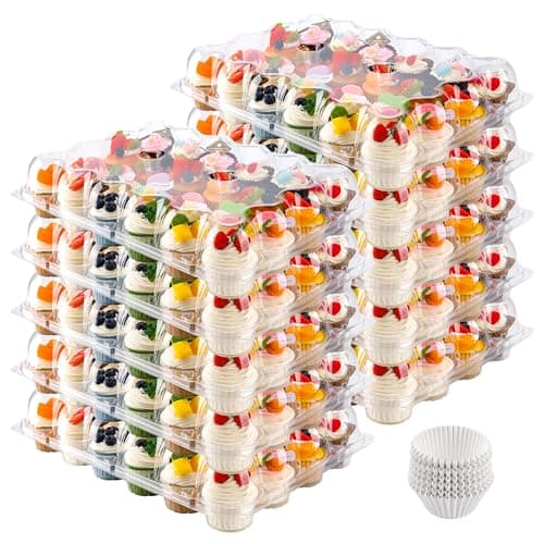 NPLUX 24 Count Cupcake Containers 15 Pack Cupcake Holders Plastic Clear Disposable Cupcake Containers with Detachable Tall Dome Lids and 360 Liners