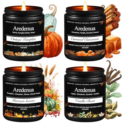 Fall Candles Set, 4 Pack, Soy Candles for Home Scented | 28 oz Autumn Candle Scent of Cinnamon, Vanilla, Harvest, Pumpkin, Seasonal Gift for Fall Home