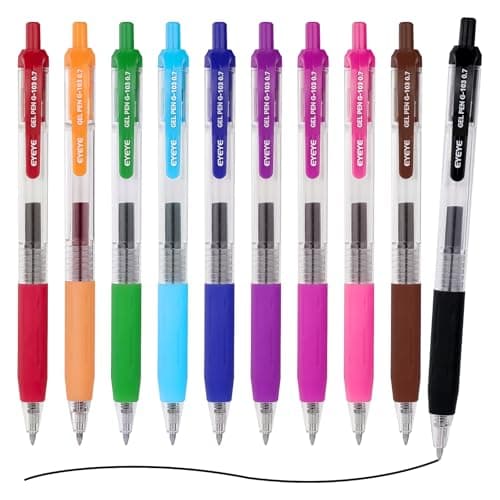 EYEYE G-103 Retractable Gel Pens Medium Point, Pack of 10 Assorted Colors 0.7mm Gel Ink Pen Quick Dry, Ballpoint Pen Fine Point Smooth Writing Pens