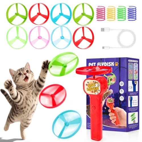 BABORUI Cat Toy Disc Launcher, Rechargeable Interactive Cat Fetch Toy Launcher with 8 Flying Discs, Flying Enrichment Toys for Indoor Bored Kittens &