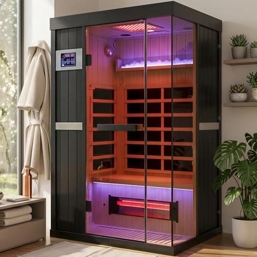 2-Person Full Spectrum Sauna Himalayan Salt Rocks FAR Infrared | 12" * 12" Red Light Therapy & 2 Built-in Speakers, 2000W - 120V Indoor Hemlock Dry