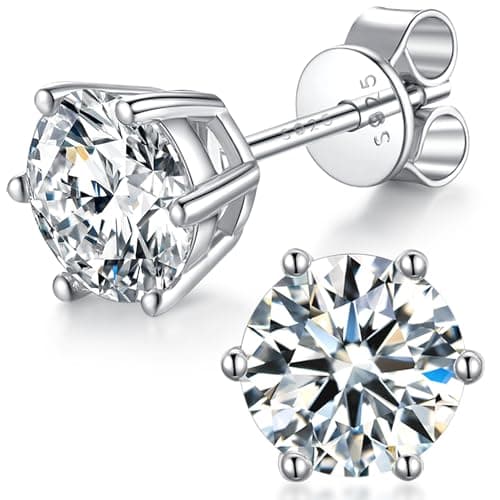 Moissanite Stud Earrings for Women, 925 Sterling Silver Earrings, 18K White Gold Plating earrings for Men (0.6-4ct) 2.0 Carat-(1.0ct*2)-6.5mm White