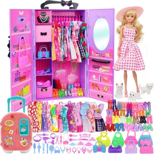 K.T. Fancy 83 Pcs 11.5 Inch Doll Purple Closet Wardrobe Accessories | Dress Up Accessories Set; Include Shoes, Wallet, Dress Hangers, Brush, Necklace,