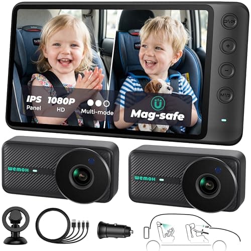 Magnetic Double Car Camera for 2 Baby with 5" 1080P IPS Monitor | Auto Night Vision | Magnetic Quick Setup | USB C Powered | Split/Zoom/Mirror Modes |