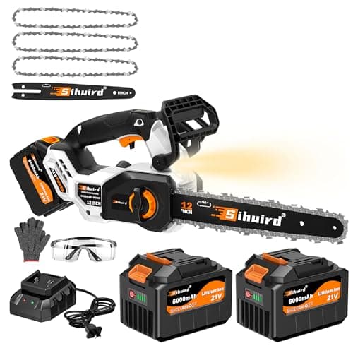 Sihuird 12-Inch Cordless ChainSaw, Brushless Motor Electric Chainsaw with 2 x 21V 6.0Ah Battery and Charger, with LED lighting and Tool-free Chain