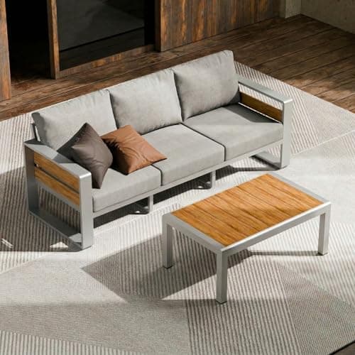 ZANDOR Aluminum Outdoor Patio Furniture-3-Seat with Table,Sliver | Rustproof,High weight capacity,Water-repellent,Washable Cover,All-Weather