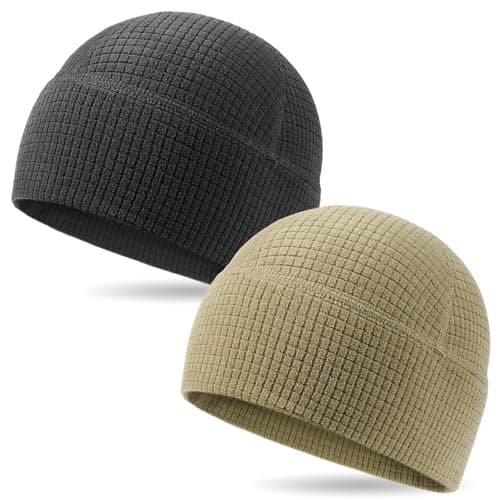 2 Pack Grid Fleece Beanie Watch Cap Waffle Tactical Beanie Multi-Season Army Military Fleece Hat, All Weather Gear