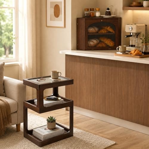 Solid Wood 3 Tier End Table and 2 Tier Corner Bread Box, 100% Solid Pine Wood, Brown