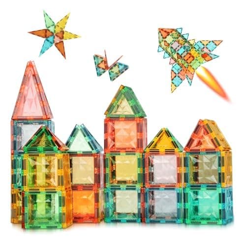 32-Piece Magnetic Tiles with Playboard, STEM Building Blocks | Encourages creativity, imaginative play, and early learning through hands-on