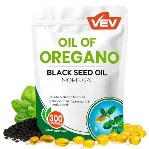 VEV Oil of Oregano with Black Seed Oil & Moringa, Organic, 300 Softgels | Aceite de Orégano, Carvacrol-Rich, Opaque Airtight Packaging