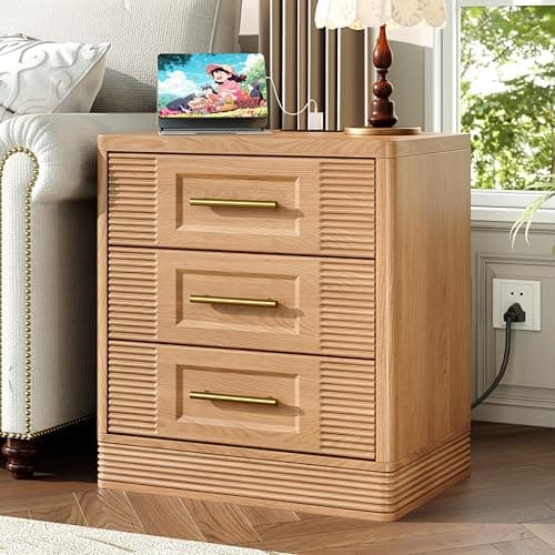 RECHHX 24" Wide Farmhouse Nightstand with Charger Station, Bedside Tables with 3 Drawer Storage, Thermoformed Curved End Table for Bedroom, Living