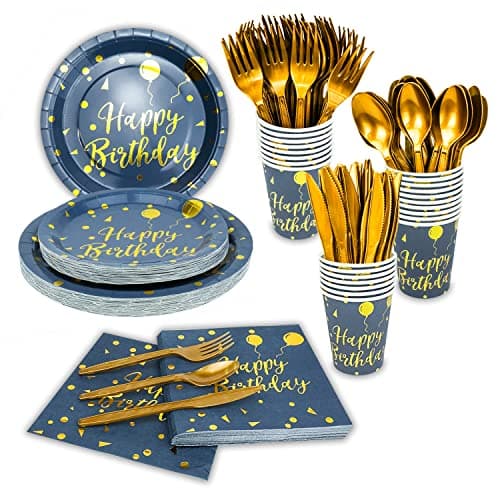 175 Pieces Gold Disposable Party Dinnerware Set &Disposable Birthday Party Dinnerware - Paper Plates Napkins Cups, Gold Plastic Forks Knives Spoons