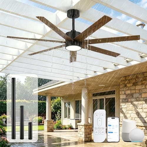 56 Inch Wet Rated Outdoor Smart Ceiling Fan with Light for Patios, High CFM | Waterproof, Voice/App/Remote Control, 7 UV-Proof Walnut Finish Blade,
