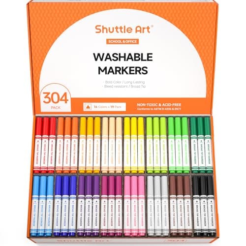 Shuttle Art 304 Pack Washable Markers, 16 Assorted Colors Broad Line Conical Tip Large Markers Bulk with a Box, Bonus Caps, Home Classroom School
