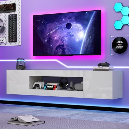 BREEZEHEAT 70'' Floating TV Stand, Wall Mounted TV Cabinet, High Glossy Entertainment Center-Modern Media Console Fits 65-80 Inches TV for Living